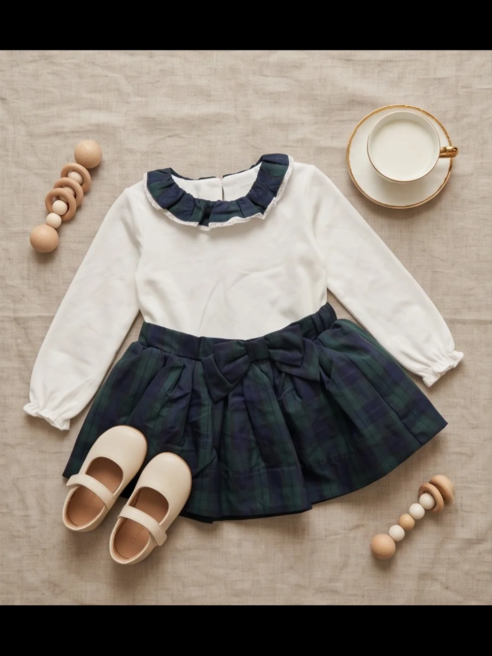 Edgehill Collection Cream Top with Navy & Green Tartan Skirt Girls' Dress